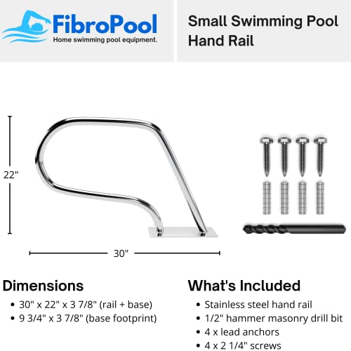 FibroPool Swimming Pool Hand Rail with Easy Mount Base Plate, Rust and Weather Proof Grab Rails for Pools and Spas, Small (Stainless Steel)