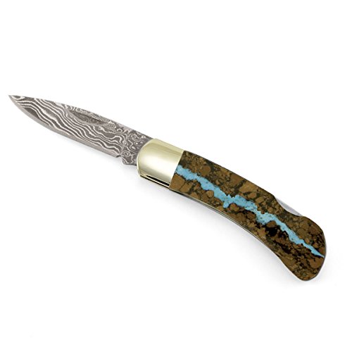 Santa Fe Stoneworks Vein Turquoise Damascus 3-inch Lockback Pocket Knife