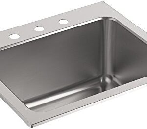 KOHLER K-5798-3-NA Ballad 25-Inch x 22-Inch Top-Mount Utility Sink with 3 Faucet Holes, Stainless Steel
