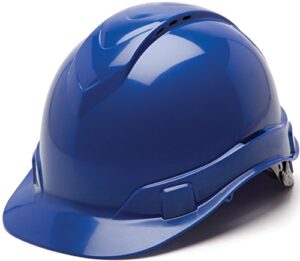 pyramex ridgeline cap style hard hat, vented, 4-point ratchet suspension, blue