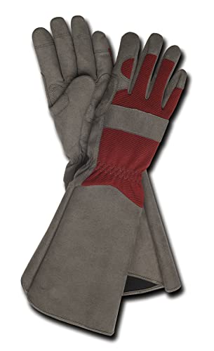 MAGID Professional Rose Pruning Thorn Proof Gardening Gloves with Extra Long Forearm Protection for Women (TE195T-S) - Puncture Resistant, Grey & Maroon, 6/XS (1 Pair)