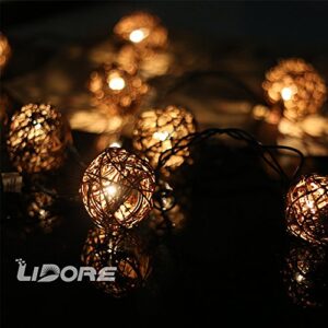 LIDORE 10 Counts Natural Rattan Balls String Light. Warm White Light for Patio, Wedding, Garden and Party Brown Rattan and Green Cord (Rattan)