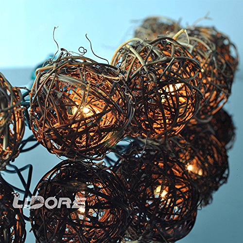 LIDORE 10 Counts Natural Rattan Balls String Light. Warm White Light for Patio, Wedding, Garden and Party Brown Rattan and Green Cord (Rattan)