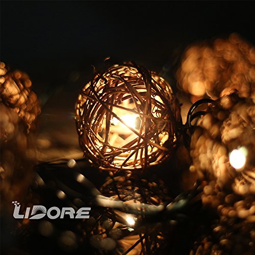 LIDORE 10 Counts Natural Rattan Balls String Light. Warm White Light for Patio, Wedding, Garden and Party Brown Rattan and Green Cord (Rattan)