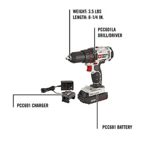 PORTER-CABLE 20V MAX* Cordless Drill/Driver Kit, 1/2-Inch (PCC601LA)