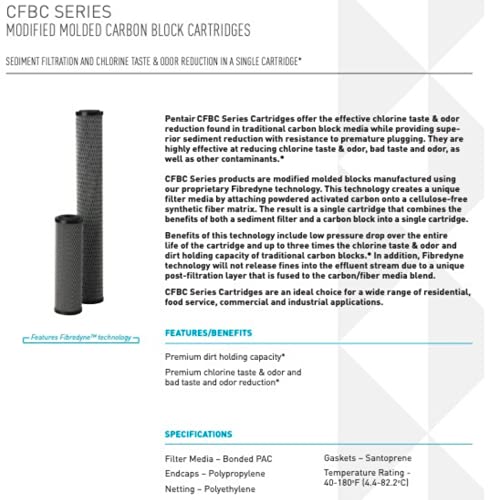 Pentair Pentek CFBC-10 Carbon Water Filter, 10-Inch, Under Sink Modified Molded Fibredyne Carbon Block Replacement Cartridge, 10" x 2.5", 0.5 Micron