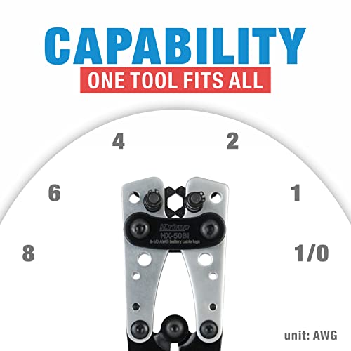 iCrimp Battery Cable Lug Crimping Tool for 8, 6, 4, 2, 1, 1/0 AWG Heavy Duty Wire Copper Lugs, Battery Terminal, with Wire Shear Cutter