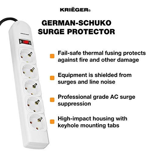 KRIËGER Electric German-Spanish Surge Protector Model KRE5 250 Joules 220V, 5 outlets