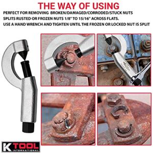 K Tool International 70715 Universal Automotive Nut Splitter Tool for Garages, Repair Shops, and DIY, Splits Nut Sizes 1/8"-15/16", 360 Degree Rotating Cutter, Heat Treated Drop Forged Frame, Silver