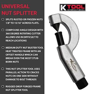 K Tool International 70715 Universal Automotive Nut Splitter Tool for Garages, Repair Shops, and DIY, Splits Nut Sizes 1/8"-15/16", 360 Degree Rotating Cutter, Heat Treated Drop Forged Frame, Silver