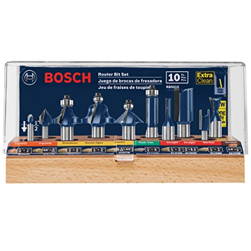 BOSCH RBS010 10-Piece 1/2 In. and 1/4 In. Shank Carbide-Tipped All-Purpose Professional Router Bits Assorted Set with Case for Applications in Straight, Trimming, Decorative Edging, Dovetail Joinery