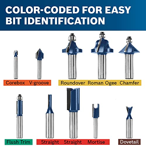 BOSCH RBS010 10-Piece 1/2 In. and 1/4 In. Shank Carbide-Tipped All-Purpose Professional Router Bits Assorted Set with Case for Applications in Straight, Trimming, Decorative Edging, Dovetail Joinery