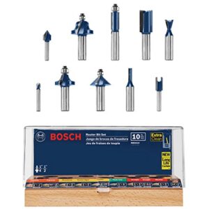 BOSCH RBS010 10-Piece 1/2 In. and 1/4 In. Shank Carbide-Tipped All-Purpose Professional Router Bits Assorted Set with Case for Applications in Straight, Trimming, Decorative Edging, Dovetail Joinery