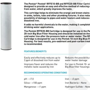 Pentair Pentek RFFE10-BB Big Blue Water Filter, 10-Inch, Whole House Radial Flow Iron Reduction Replacement Cartridge, 10" x 4.5"