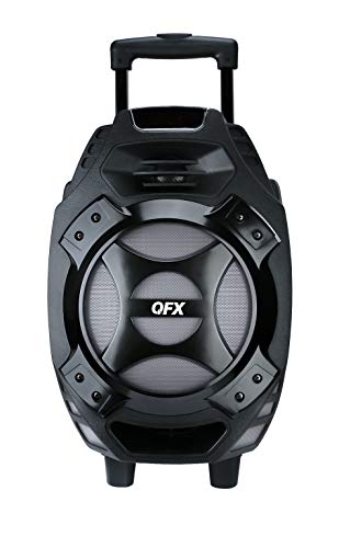 QFX PBX-61081 Rechargeable Portable Speaker | 8" Woofer | 2,600 Watts | Bluetooth, AUX, SD Card, FM Radio | Handle, Wheels, 12 Lbs | Perfect for Tailgating, Indoors, Outdoors Audio | Silver