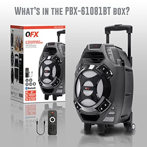 QFX PBX-61081 Rechargeable Portable Speaker | 8" Woofer | 2,600 Watts | Bluetooth, AUX, SD Card, FM Radio | Handle, Wheels, 12 Lbs | Perfect for Tailgating, Indoors, Outdoors Audio | Silver