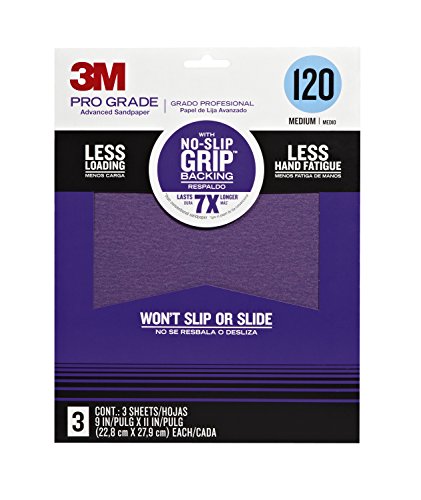 3M Pro Grade No-Slip Grip Sandpaper, 3-Pack, 120-Grit