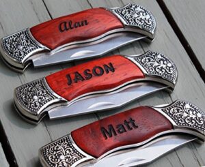 personalized rosewood handle pocket folding knife - wedding groomsman gift - custom monogrammed and engraved for free