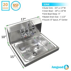 AmGood Stainless Steel Wall Mount Hand Sink | NSF | Commercial Hand Washing Basin For Restaurant, Kitchen and Home (17" x 15")