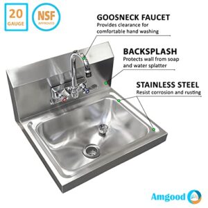 AmGood Stainless Steel Wall Mount Hand Sink | NSF | Commercial Hand Washing Basin For Restaurant, Kitchen and Home (17" x 15")