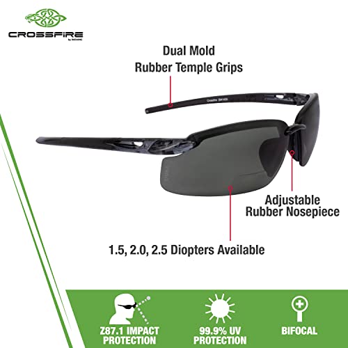 Crossfire Eyewear 2941420 2.0 Diopter ES5 Safety Glasses with Black Frame and Smoke Polarized Lens