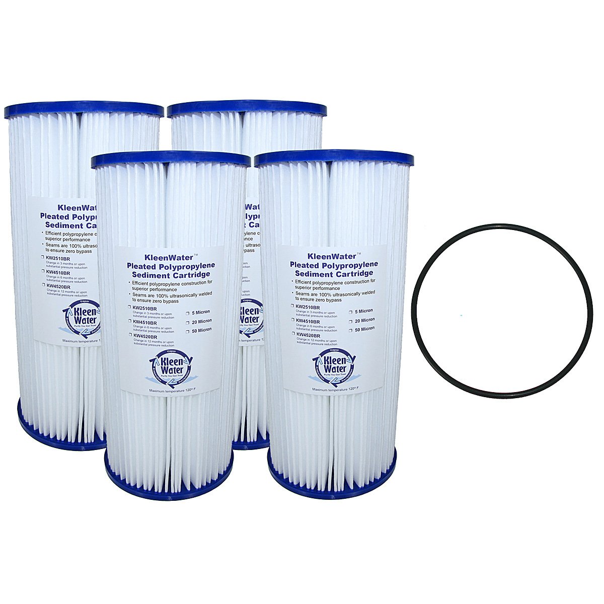 KleenWater 20 Micron Dirt/Sediment Pleated Water Filter Cartridge, Made in USA, Compatible with FXHSC, ECP20-BB and WHKF-DWHBB, Set of 4 and (1) O-Ring