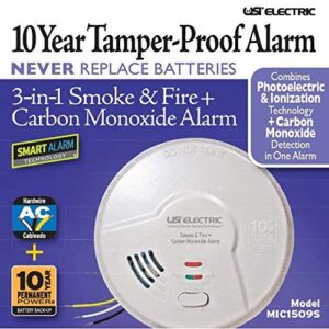 Universal Security Instruments Hardwired 10 Year Tamper Proof Permanent Power Sealed Battery 3-in-1 Universal Smoke Sensing & Carbon Monoxide Combination Alarm, Model MIC1509S,white, Corded Electric