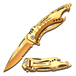 mtech usa – spring assisted folding knife – partially serrated gold tinite coated stainless steel blade, gold tinite coated aluminum handle, pocket clip, tactical, edc, self defense- mt-a705gd