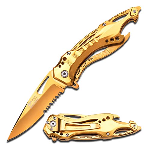 MTech USA – Spring Assisted Folding Knife – Partially Serrated Gold TiNite Coated Stainless Steel Blade, Gold TiNite Coated Aluminum Handle, Pocket Clip, Tactical, EDC, Self Defense- MT-A705GD