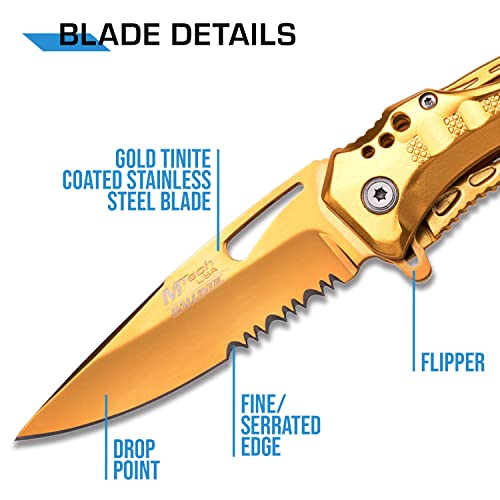 MTech USA – Spring Assisted Folding Knife – Partially Serrated Gold TiNite Coated Stainless Steel Blade, Gold TiNite Coated Aluminum Handle, Pocket Clip, Tactical, EDC, Self Defense- MT-A705GD