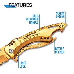 MTech USA – Spring Assisted Folding Knife – Partially Serrated Gold TiNite Coated Stainless Steel Blade, Gold TiNite Coated Aluminum Handle, Pocket Clip, Tactical, EDC, Self Defense- MT-A705GD