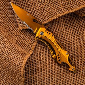 MTech USA – Spring Assisted Folding Knife – Partially Serrated Gold TiNite Coated Stainless Steel Blade, Gold TiNite Coated Aluminum Handle, Pocket Clip, Tactical, EDC, Self Defense- MT-A705GD