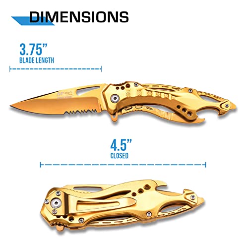 MTech USA – Spring Assisted Folding Knife – Partially Serrated Gold TiNite Coated Stainless Steel Blade, Gold TiNite Coated Aluminum Handle, Pocket Clip, Tactical, EDC, Self Defense- MT-A705GD