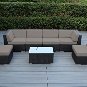 Ohana 7-Piece Outdoor Patio Furniture Sectional Conversation Set, Black Wicker with Sunbrella Taupe Cushions - No Assembly with Free Patio Cover