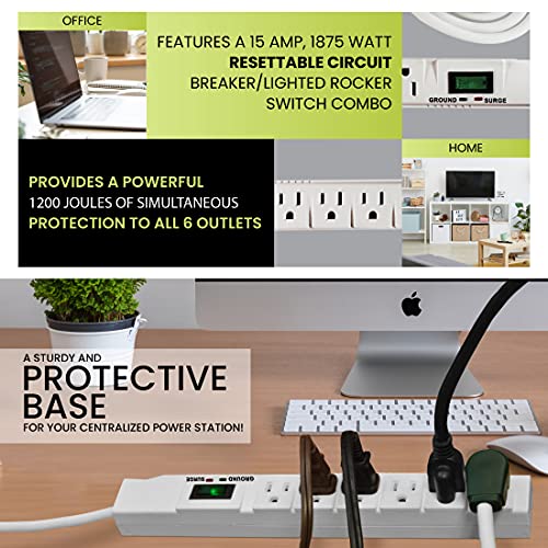 GoGreen Power (GG-16315-15) 6 Outlet Surge Protector, 1200 Joules, White, 15 Ft Cord