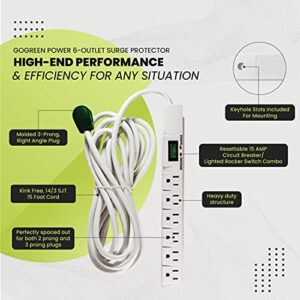 GoGreen Power (GG-16315-15) 6 Outlet Surge Protector, 1200 Joules, White, 15 Ft Cord