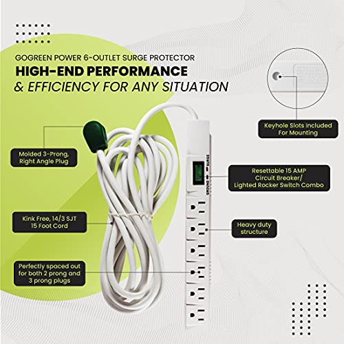 GoGreen Power (GG-16315-15) 6 Outlet Surge Protector, 1200 Joules, White, 15 Ft Cord