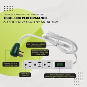 GoGreen Power (GG-13002MS) 3 Outlet Power Strip, White, 2.5 Ft Cord