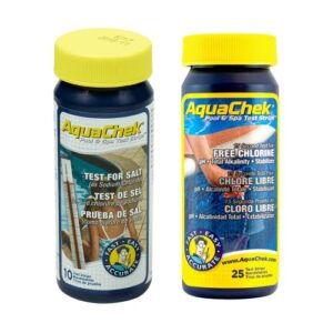 aquachek salt system test kit - for pools and spas - salt water pool test strips for sodium chloride - test kit includes yellow 4-way (25 strips each) and white salt test strips (10 strips each)