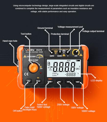 LEAGY VAD78 Digital Insulation Resistance Tester - Accurate Megohm Meter for DC/AC Voltage Testing (20-1500V, 20-750V) and Resistance Measurement (0-5000 Megohms)