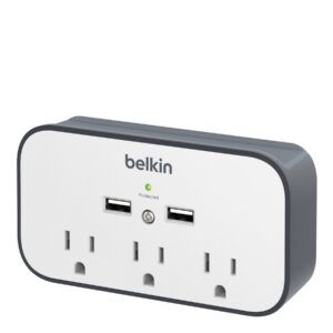 belkin wall surge protector - 3 outlet w/ 2 usb ports mount with premium protection against surges safe charge for mobile devices, tablets & more (540 joules)
