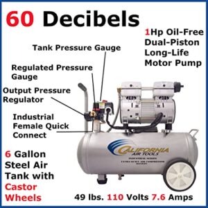 California Air Tools 6010LFC 1.0 HP Ultra Quiet and Oil-Free Industrial Air Compressor, 6.0-Gallon