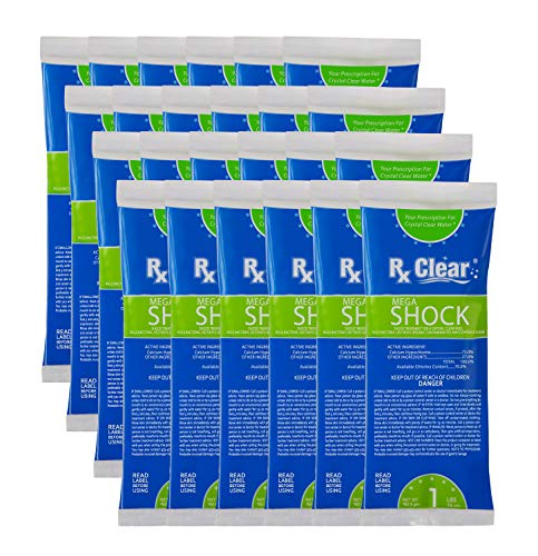 Rx Clear Mega Shock | 73% Calcium Hypochlorite | Kills Algae in Swimming Pools | Works As Pool Sanitizer Clarifier and Algicide | One Pound Bags | 24 Pack