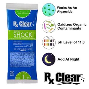 Rx Clear Mega Shock | 73% Calcium Hypochlorite | Kills Algae in Swimming Pools | Works As Pool Sanitizer Clarifier and Algicide | One Pound Bags | 24 Pack