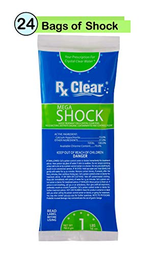 Rx Clear Mega Shock | 73% Calcium Hypochlorite | Kills Algae in Swimming Pools | Works As Pool Sanitizer Clarifier and Algicide | One Pound Bags | 24 Pack