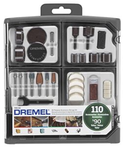 dremel 709-02 110-pieces all-purpose rotary tool accessory kit- includes a carving bit, sanding drums, grinding stones, cutting discs, and a storage case , gray