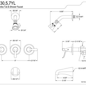 Kingston Brass KB2235YL Yosemite Three Handle Tub Shower Faucet, Oil Rubbed Bronze, 3-1/8 inch Diameter Escutcheon, Oil Rubbed Bronze