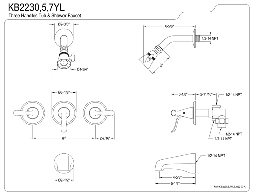 Kingston Brass KB2235YL Yosemite Three Handle Tub Shower Faucet, Oil Rubbed Bronze, 3-1/8 inch Diameter Escutcheon, Oil Rubbed Bronze