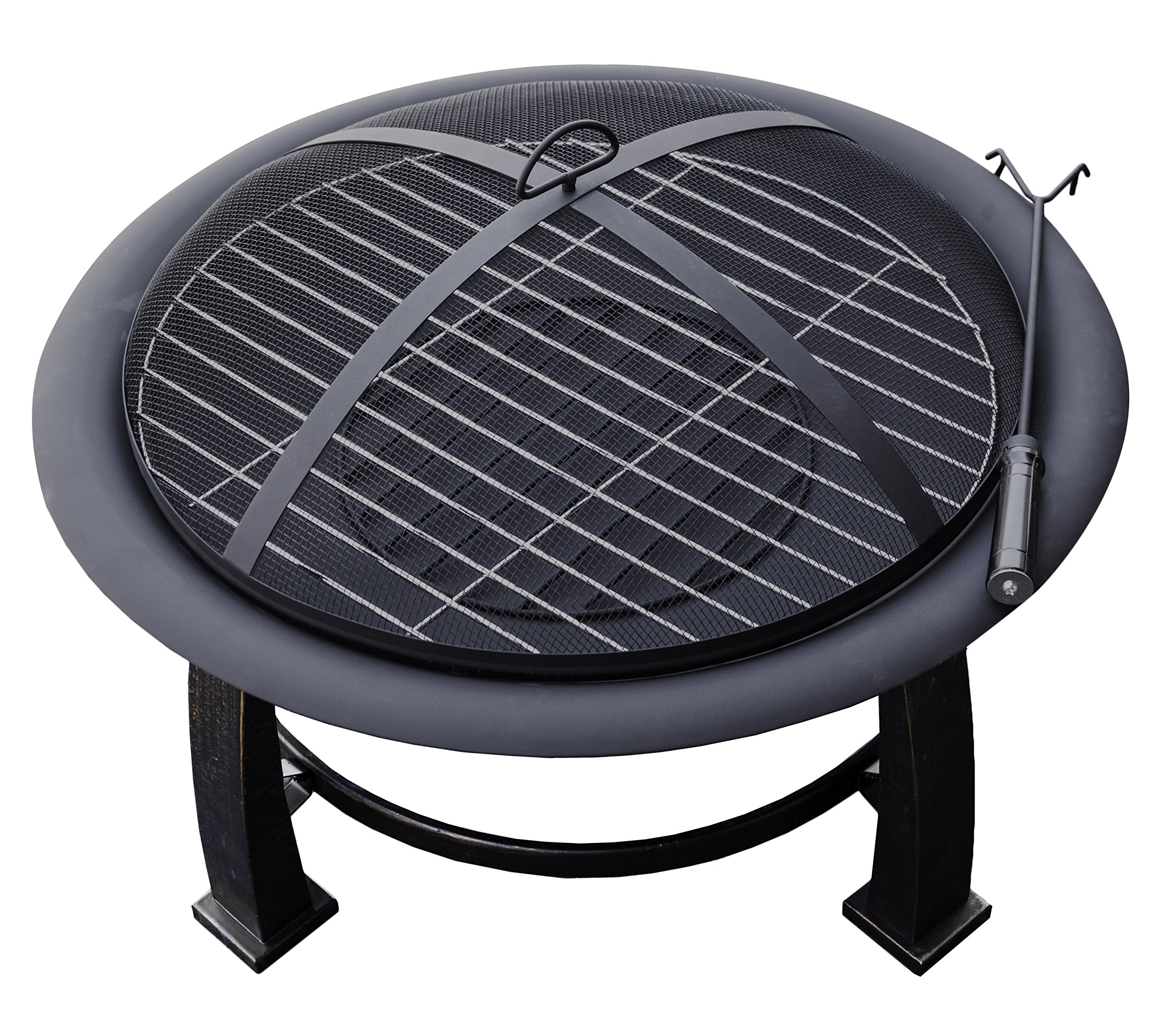 Hiland F FT-235 Wood Burning Fire Pit w/Cooking Grate and Domed Mesh, 30", Black