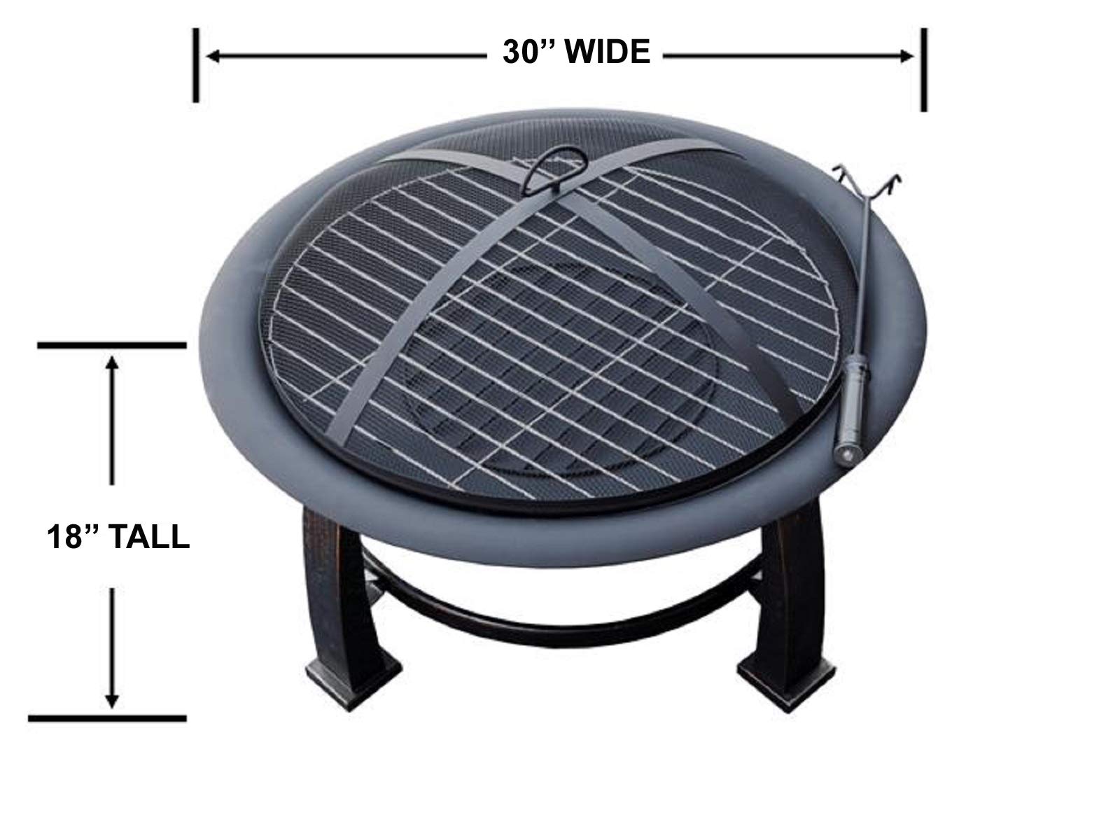 Hiland F FT-235 Wood Burning Fire Pit w/Cooking Grate and Domed Mesh, 30", Black